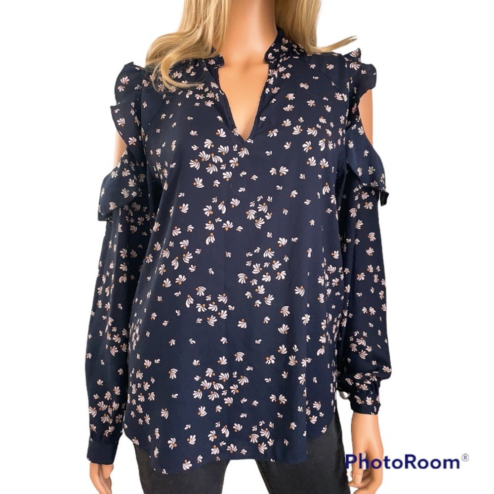 Ann Taylor Cold Shoulder Long Sleeve Dainty Print Blouse Top